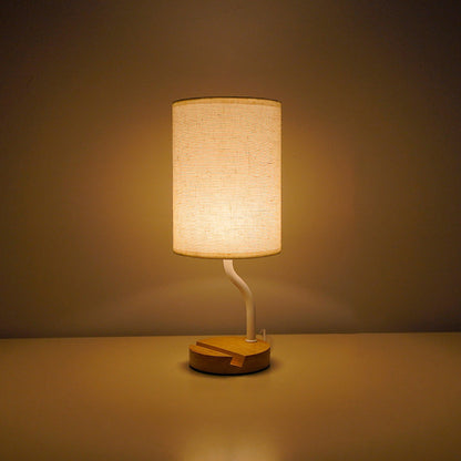 Modern Minimalist Cylinder Round Stand Fabric Wood LED Table Lamp For Living Room