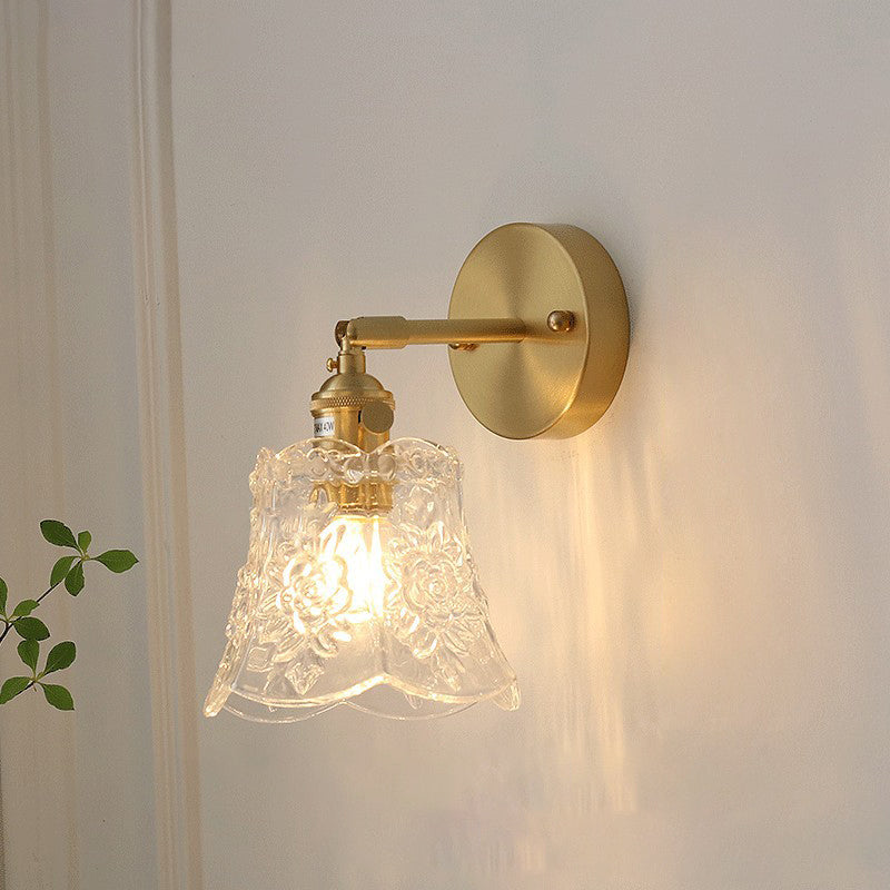 Traditional Vintage Carved Lattice Cone Flower Glass Iron 1-Light Wall Sconce Lamp For Living Room