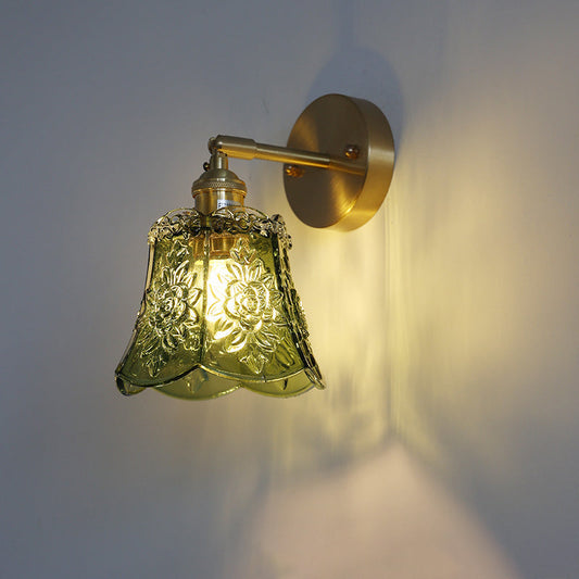 Traditional Vintage Carved Lattice Cone Flower Glass Iron 1-Light Wall Sconce Lamp For Living Room