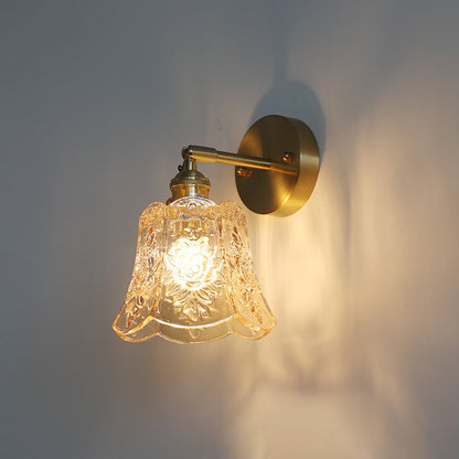 Traditional Vintage Carved Lattice Cone Flower Glass Iron 1-Light Wall Sconce Lamp For Living Room