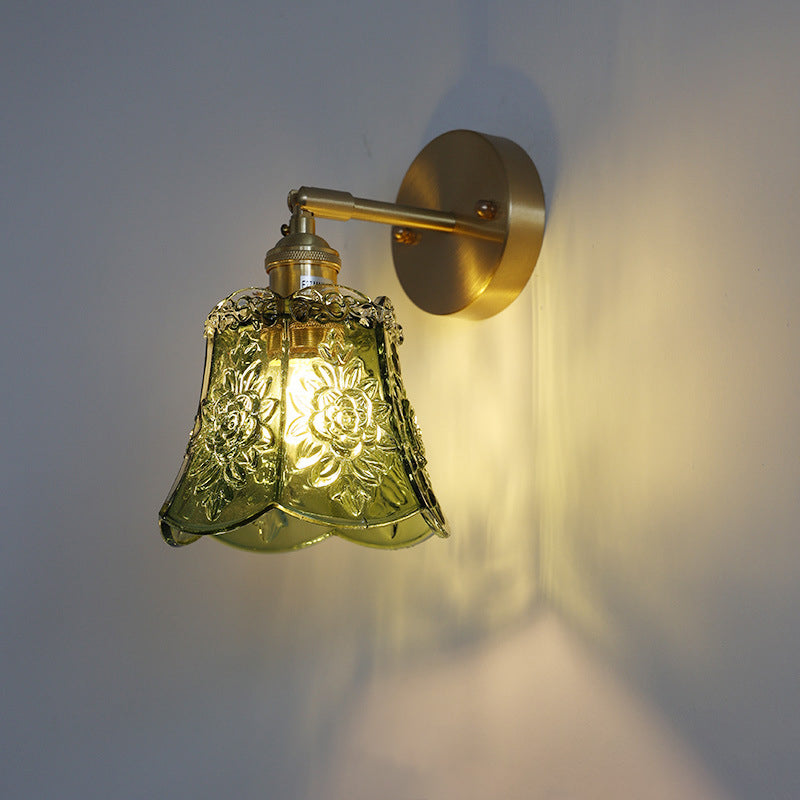 Traditional Vintage Carved Lattice Cone Flower Glass Iron 1-Light Wall Sconce Lamp For Living Room