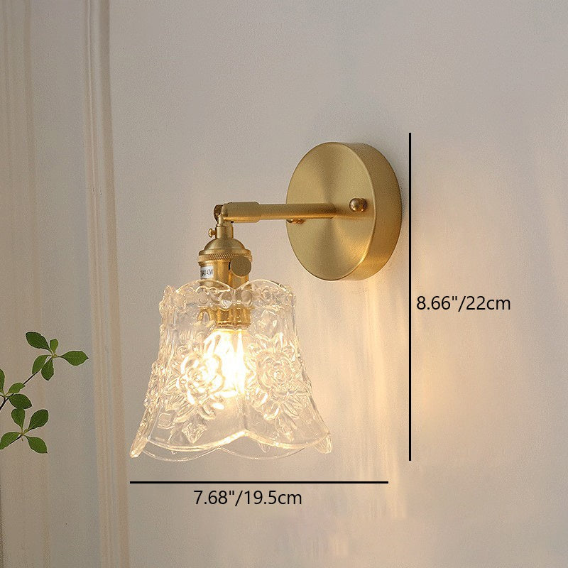 Traditional Vintage Carved Lattice Cone Flower Glass Iron 1-Light Wall Sconce Lamp For Living Room