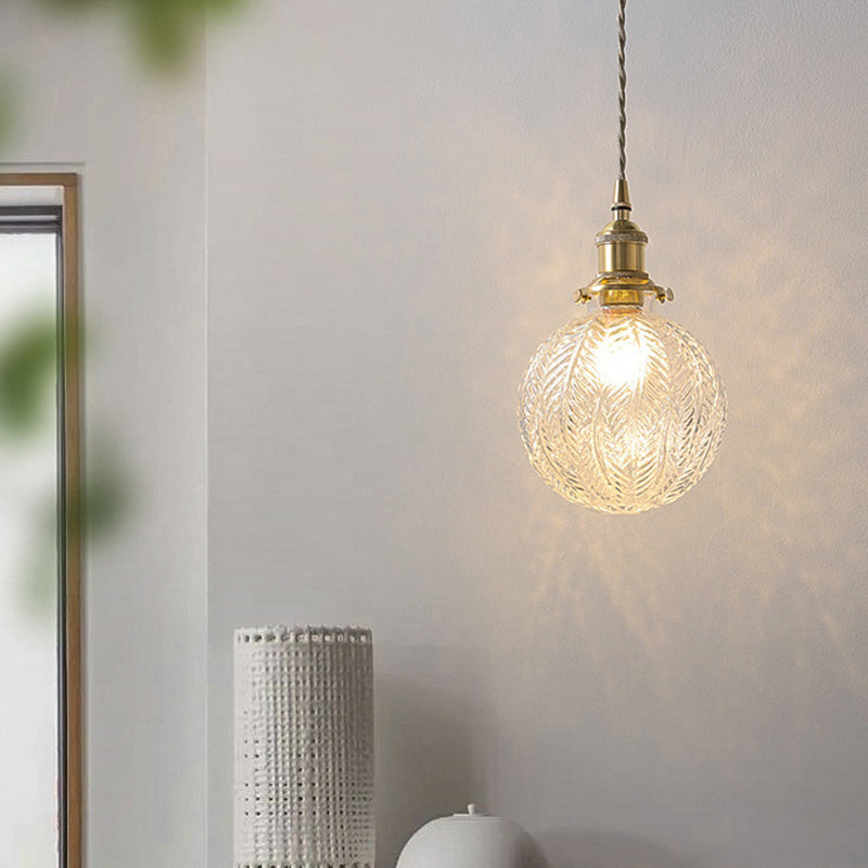 Traditional Vintage Leaf Prism Crackled Orb Diamond Glass Brass 1-Light Pendant Light For Living Room