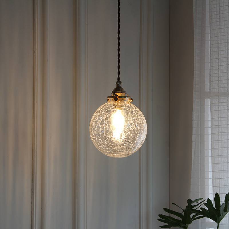 Traditional Vintage Leaf Prism Crackled Orb Diamond Glass Brass 1-Light Pendant Light For Living Room