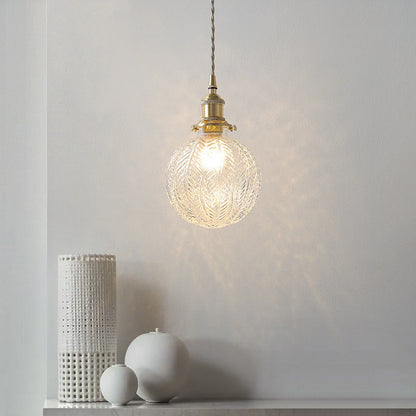 Traditional Vintage Leaf Prism Crackled Orb Diamond Glass Brass 1-Light Pendant Light For Living Room