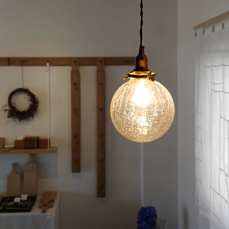 Traditional Vintage Leaf Prism Crackled Orb Diamond Glass Brass 1-Light Pendant Light For Living Room