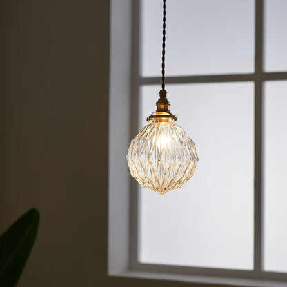 Traditional Vintage Leaf Prism Crackled Orb Diamond Glass Brass 1-Light Pendant Light For Living Room