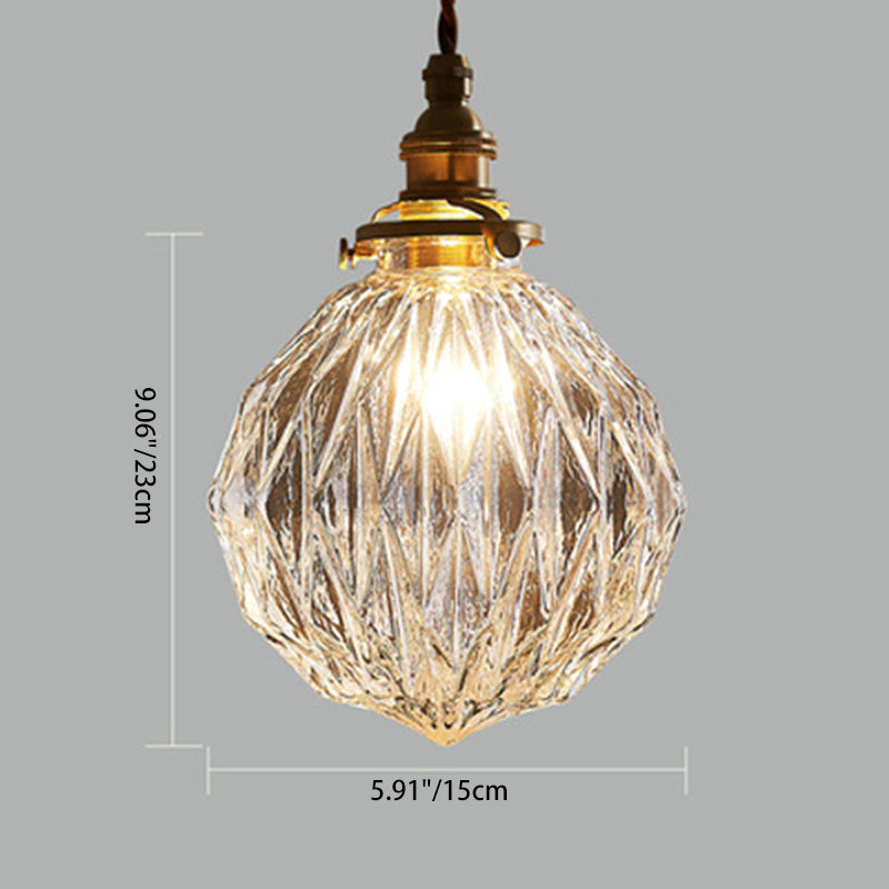Traditional Vintage Leaf Prism Crackled Orb Diamond Glass Brass 1-Light Pendant Light For Living Room