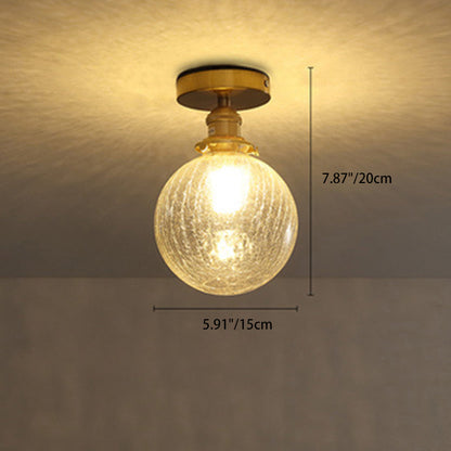 Traditional Japanese Crackled Orb Round Glass Brass 1-Light Semi-Flush Mount Ceiling Light For Living Room