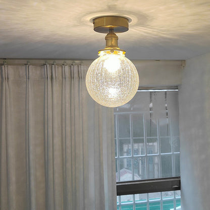 Traditional Japanese Crackled Orb Round Glass Brass 1-Light Semi-Flush Mount Ceiling Light For Living Room