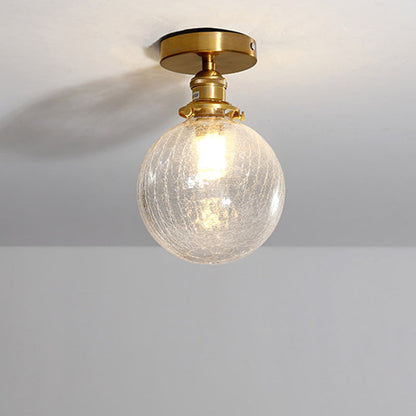 Traditional Japanese Crackled Orb Round Glass Brass 1-Light Semi-Flush Mount Ceiling Light For Living Room