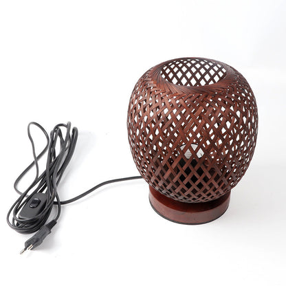 Contemporary Creative Openwork Round Bamboo Wood 1-Light Table Lamp For Living Room