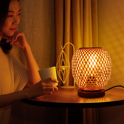 Contemporary Creative Openwork Round Bamboo Wood 1-Light Table Lamp For Living Room