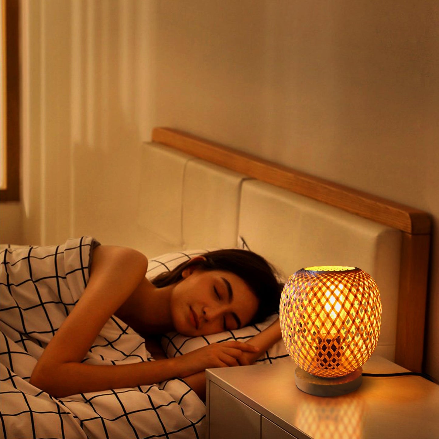 Contemporary Creative Openwork Round Bamboo Wood 1-Light Table Lamp For Living Room