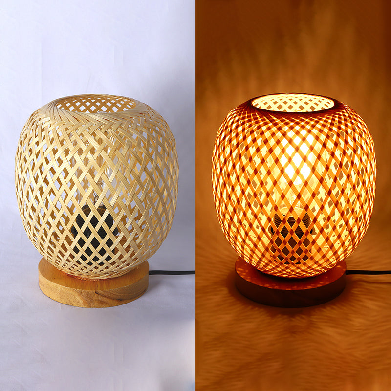 Contemporary Creative Openwork Round Bamboo Wood 1-Light Table Lamp For Living Room