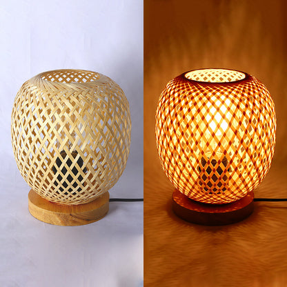 Contemporary Creative Openwork Round Bamboo Wood 1-Light Table Lamp For Living Room