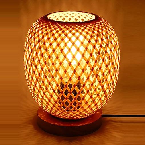 Contemporary Creative Openwork Round Bamboo Wood 1-Light Table Lamp For Living Room