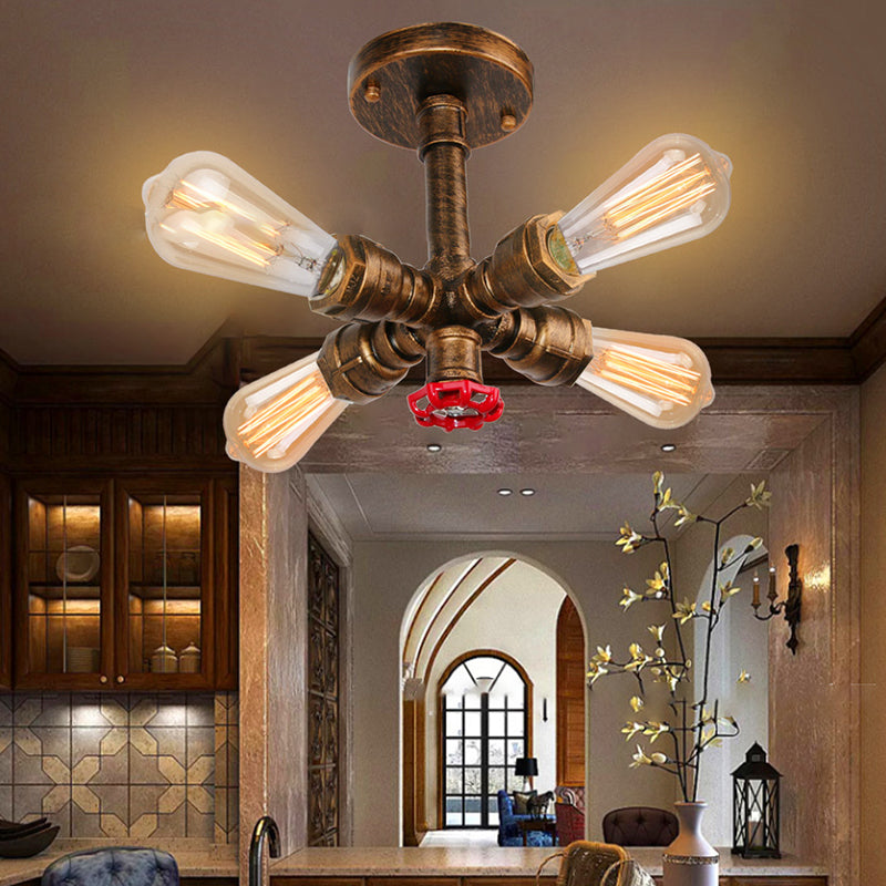 Contemporary Industrial Cross Round Glass Iron 4-Light Semi-Flush Mount Ceiling Light For Living Room