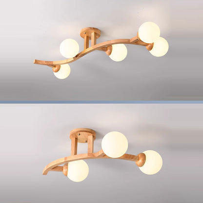 Contemporary Creative Branches Shapes Curves Glass Rubberwood 3/5/7 Light Semi-Flush Mount Ceiling Light For Living Room