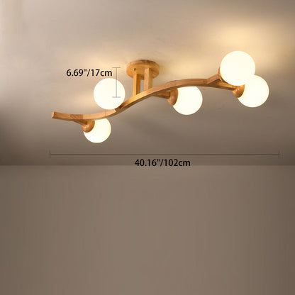 Contemporary Creative Branches Shapes Curves Glass Rubberwood 3/5/7 Light Semi-Flush Mount Ceiling Light For Living Room