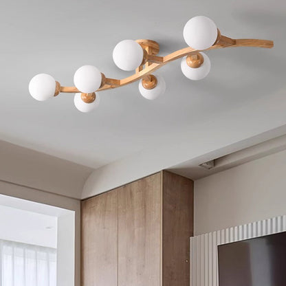 Contemporary Creative Branches Shapes Curves Glass Rubberwood 3/5/7 Light Semi-Flush Mount Ceiling Light For Living Room