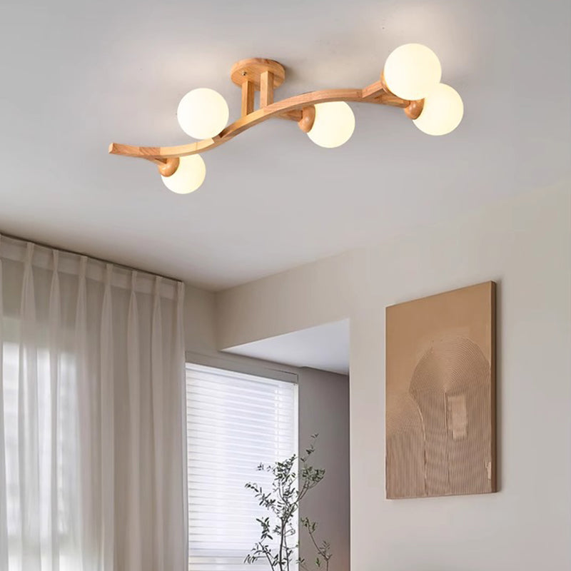 Contemporary Creative Branches Shapes Curves Glass Rubberwood 3/5/7 Light Semi-Flush Mount Ceiling Light For Living Room