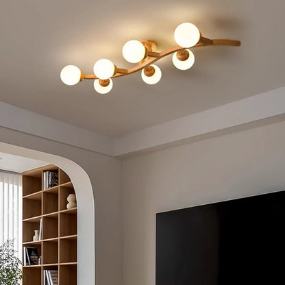 Contemporary Creative Branches Shapes Curves Glass Rubberwood 3/5/7 Light Semi-Flush Mount Ceiling Light For Living Room