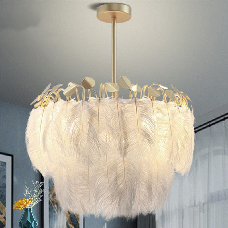 Contemporary Creative Round Double Layer Leaf Feather Iron 1/3 Light Chandelier For Living Room