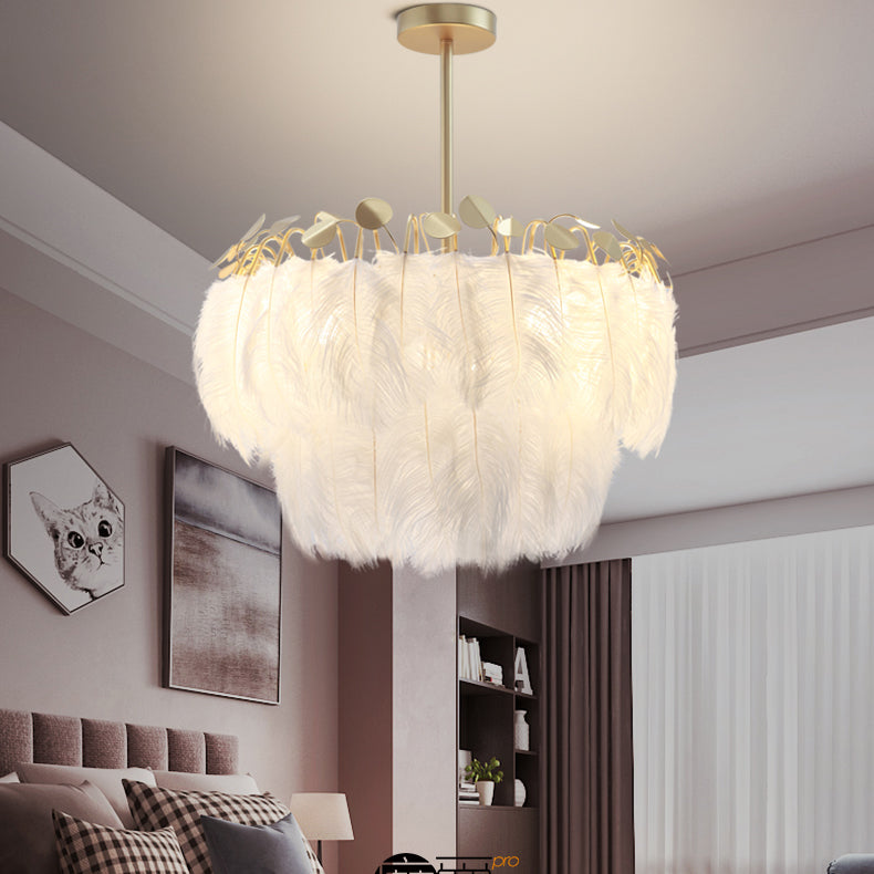 Contemporary Creative Round Double Layer Leaf Feather Iron 1/3 Light Chandelier For Living Room