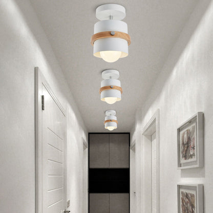 Contemporary Scandinavian Rotatable Cylinder Round Wood Iron 1-Light Semi-Flush Mount Ceiling Light For Living Room