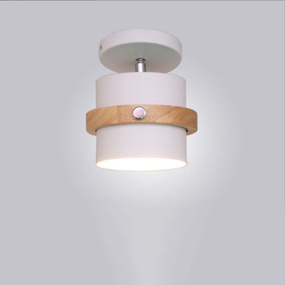 Contemporary Scandinavian Rotatable Cylinder Round Wood Iron 1-Light Semi-Flush Mount Ceiling Light For Living Room