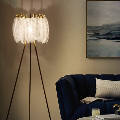 Contemporary Creative Curved Round Natural Feather Iron 1-Light Standing Floor Lamp For Living Room