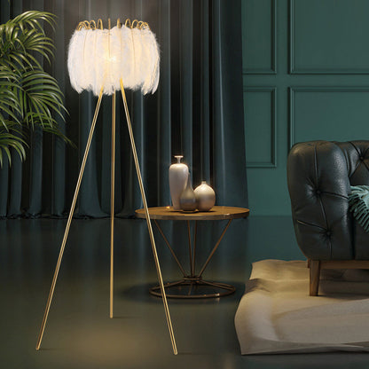 Contemporary Creative Curved Round Natural Feather Iron 1-Light Standing Floor Lamp For Living Room
