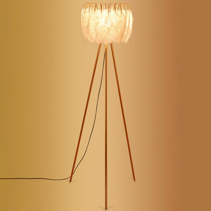 Contemporary Creative Curved Round Natural Feather Iron 1-Light Standing Floor Lamp For Living Room