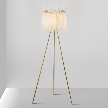 Contemporary Creative Curved Round Natural Feather Iron 1-Light Standing Floor Lamp For Living Room