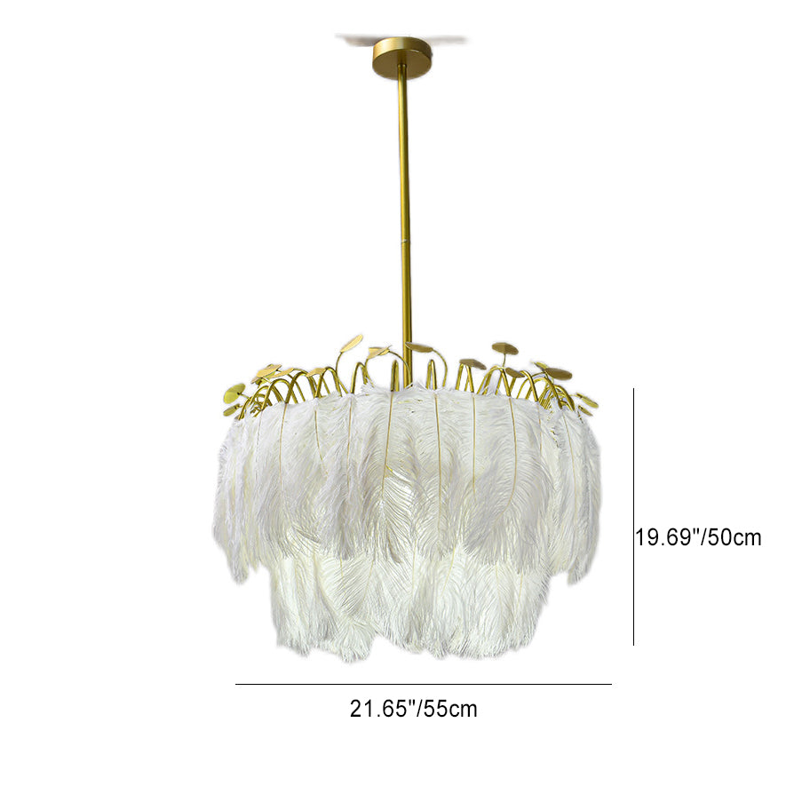 Contemporary Scandinavian Double Round Branch Feather Iron 3-Light Chandelier For Living Room