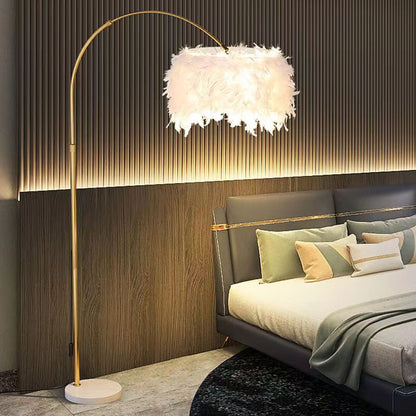 Contemporary Creative Retractable Curved Round Feather Iron Marble 1-Light Standing Floor Lamp For Living Room