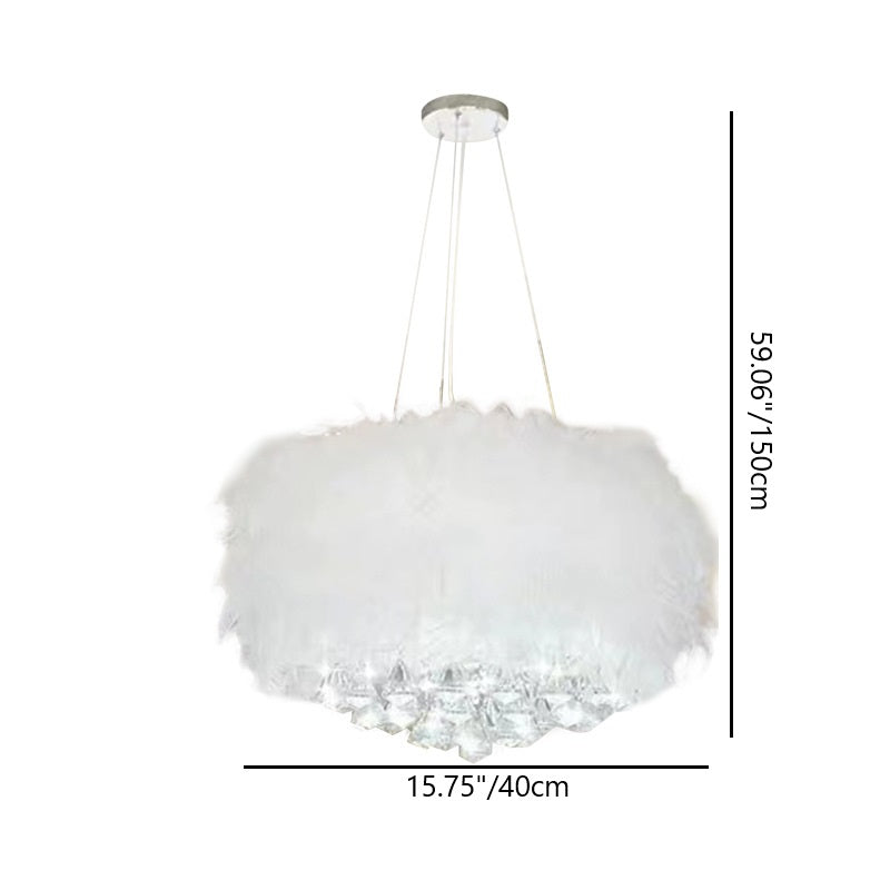 Contemporary Creative Cream Feather Round Goose Wool Crystal Metal 1-Light Chandelier For Living Room