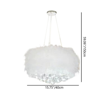 Contemporary Creative Cream Feather Round Goose Wool Crystal Metal 1-Light Chandelier For Living Room