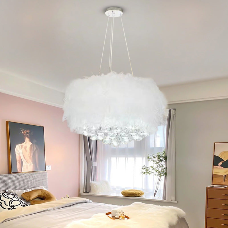 Contemporary Creative Cream Feather Round Goose Wool Crystal Metal 1-Light Chandelier For Living Room