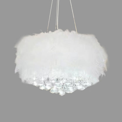 Contemporary Creative Cream Feather Round Goose Wool Crystal Metal 1-Light Chandelier For Living Room