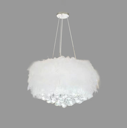 Contemporary Creative Cream Feather Round Goose Wool Crystal Metal 1-Light Chandelier For Living Room