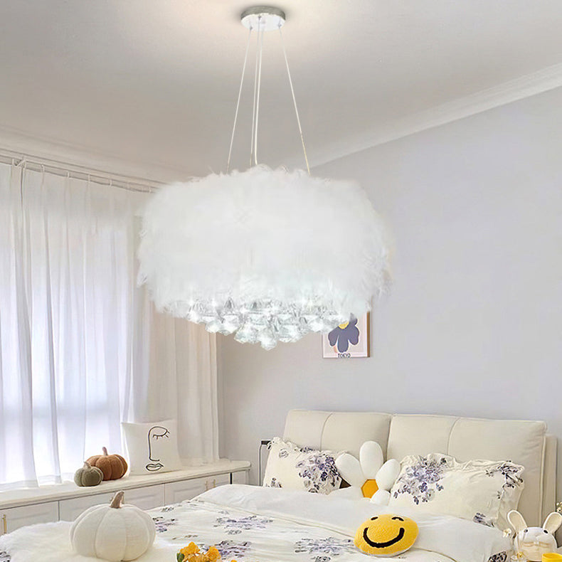 Contemporary Creative Cream Feather Round Goose Wool Crystal Metal 1-Light Chandelier For Living Room