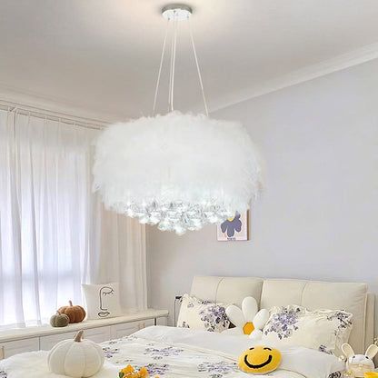 Contemporary Creative Cream Feather Round Goose Wool Crystal Metal 1-Light Chandelier For Living Room