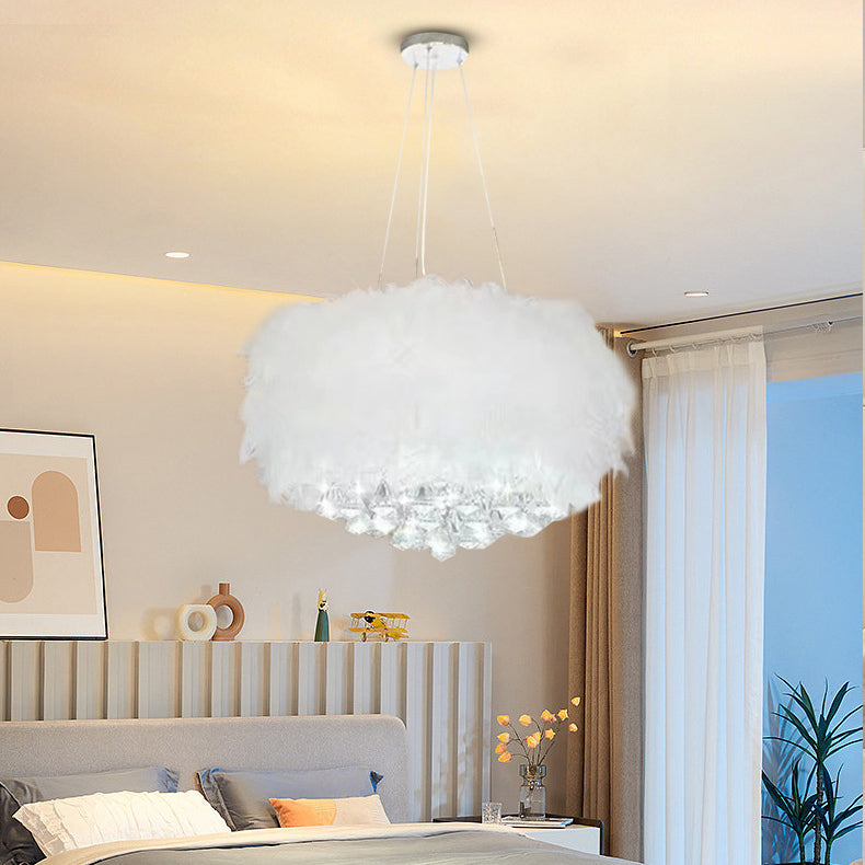 Contemporary Creative Cream Feather Round Goose Wool Crystal Metal 1-Light Chandelier For Living Room