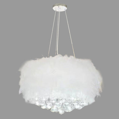 Contemporary Creative Cream Feather Round Goose Wool Crystal Metal 1-Light Chandelier For Living Room