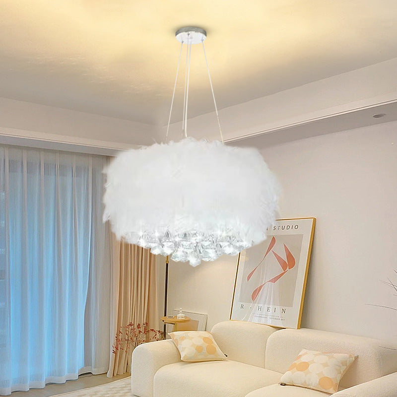 Contemporary Creative Cream Feather Round Goose Wool Crystal Metal 1-Light Chandelier For Living Room