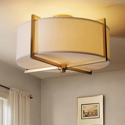 Traditional Vintage Round Cross Shape Fabric Copper 5-Light Semi-Flush Mount Ceiling Light For Living Room