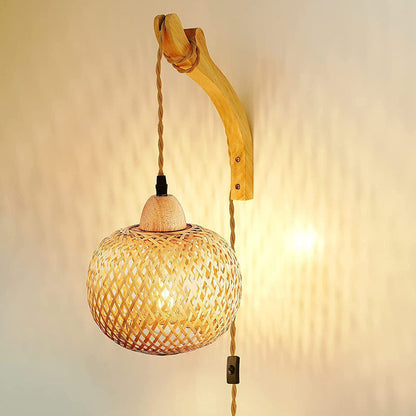 Traditional Vintage Square Skeleton Spherical Bamboo Rattan 1-Light Wall Sconce Lamp For Living Room