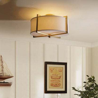 Traditional Vintage Round Cross Shape Fabric Copper 5-Light Semi-Flush Mount Ceiling Light For Living Room